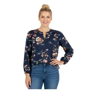 Fun2fun Split Neck Floral Blouse Blue Long Sleeve Women Size Small NWT
